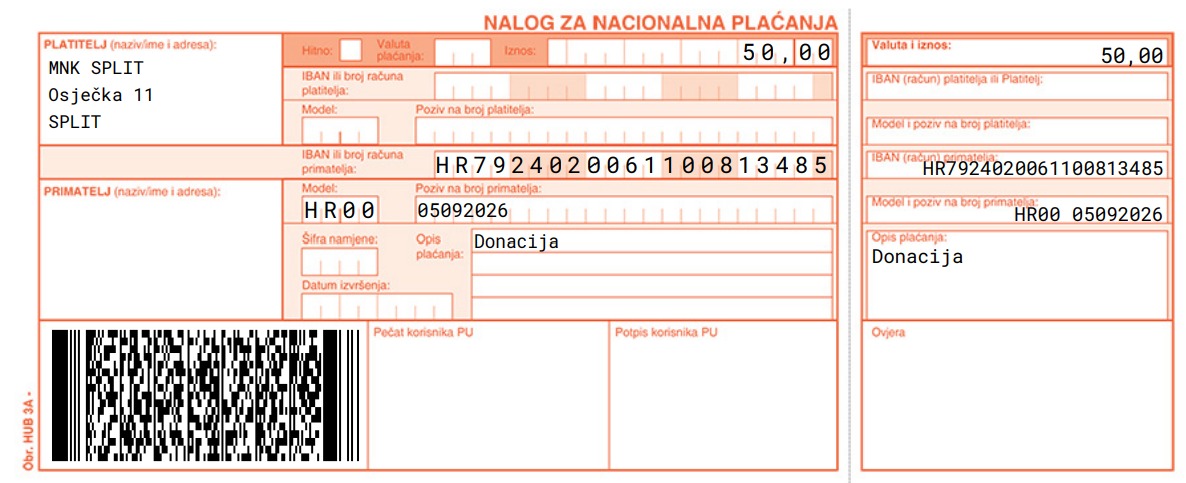 Uplatnica — nalog za nacionalna plaćanja s podacima MNK Split